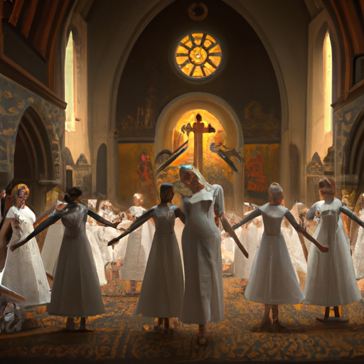 תמונה שבה נראה מורה לריקוד דתי מוביל קבוצת רקדנים בכנסייה