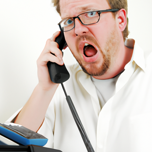 תמונה המציגה בעל עסק מתוסכל בטלפון עם תמיכת הלקוחות של ספק האינטרנט שלו.